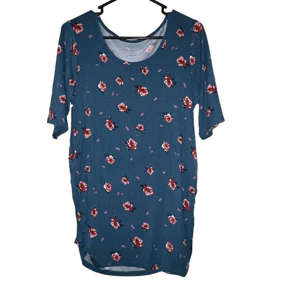 a:glow Maternity Blouse Sz Large Half Sleeve Teal Red Flowers Stretch Top Ruched - Picture 1 of 9
